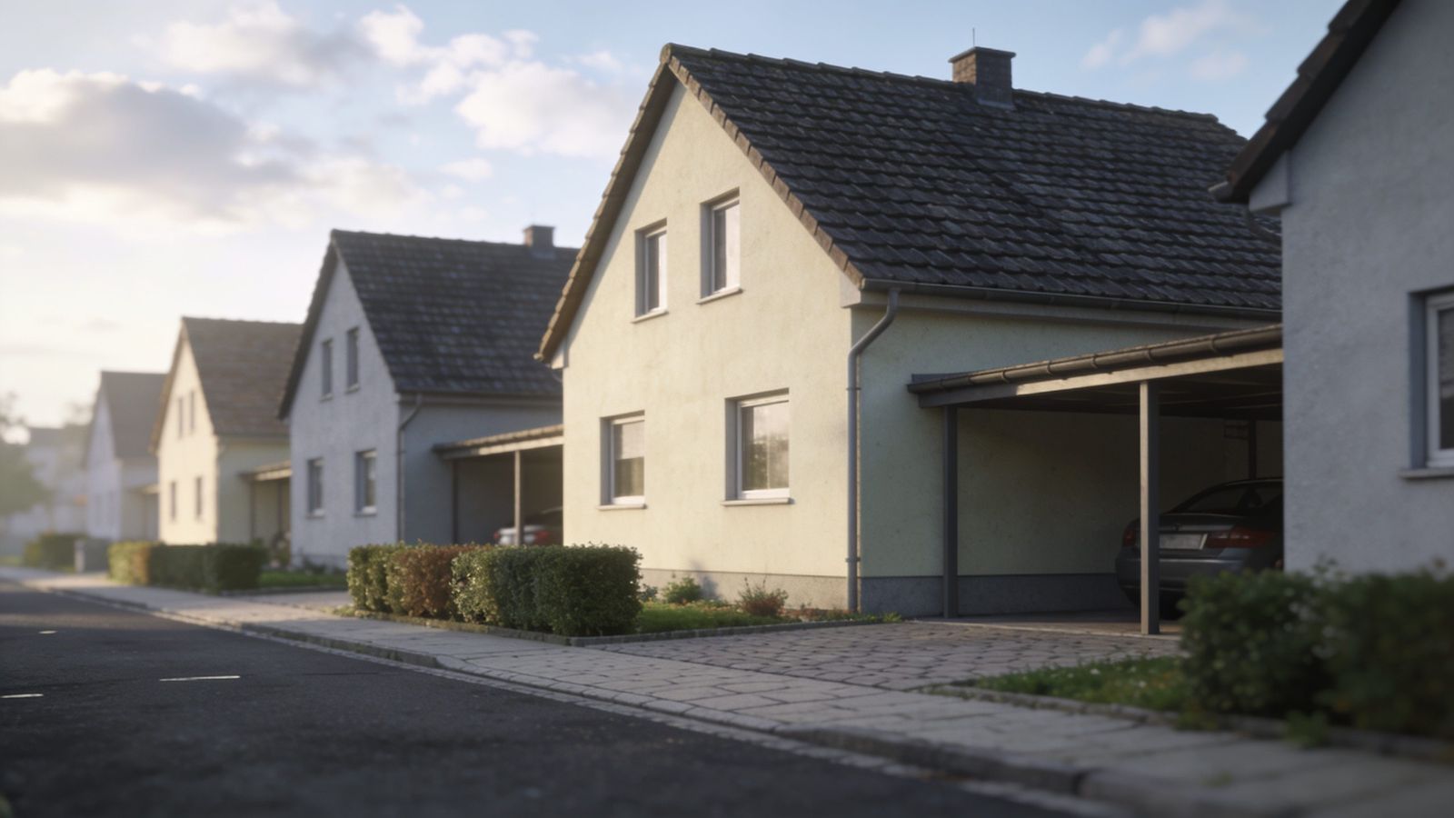 Einfamilienhaussiedlung mit Carports und Vorgärten