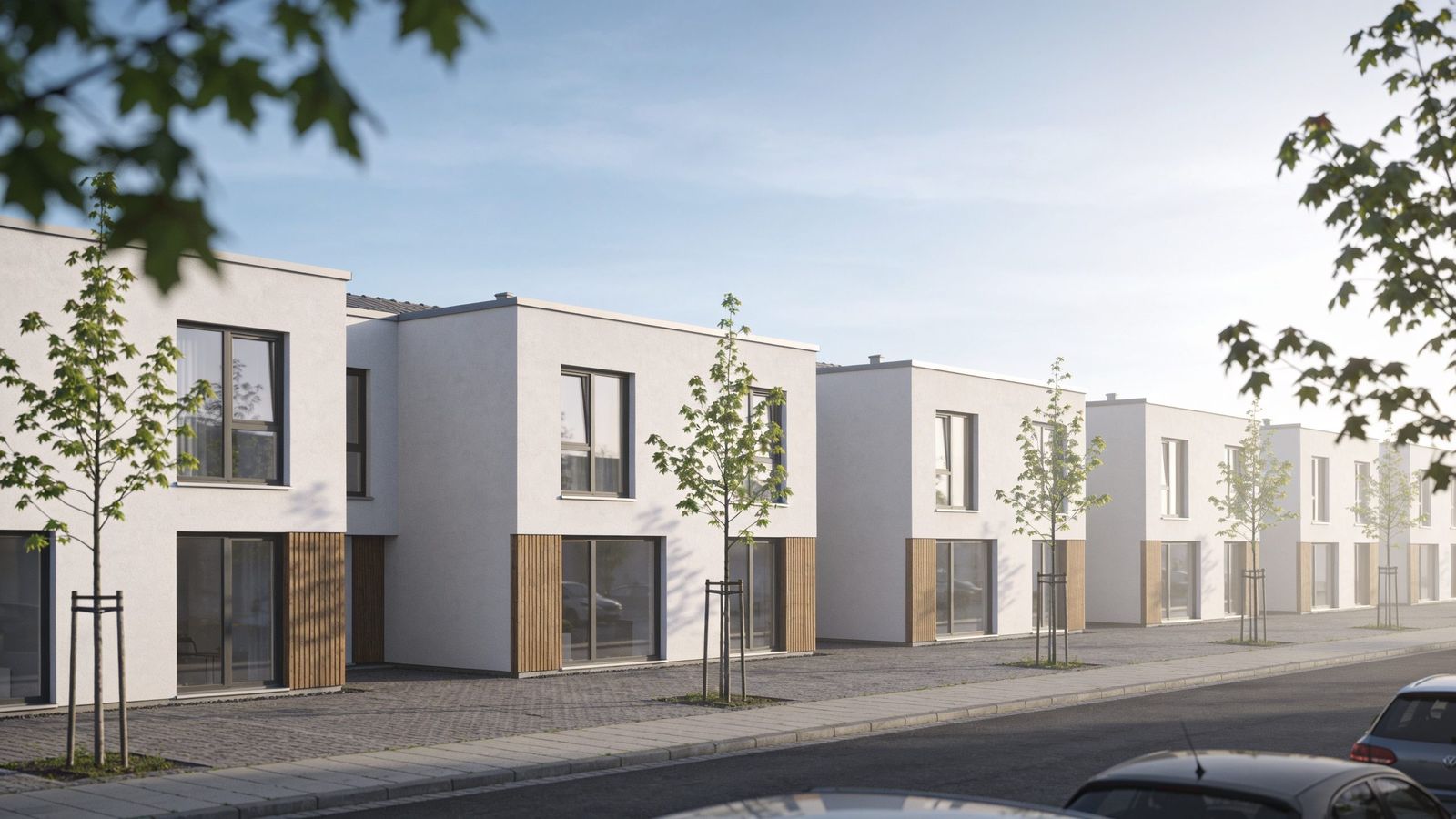 Stadtvilla-Siedlung mit bodentiefen Fenstern