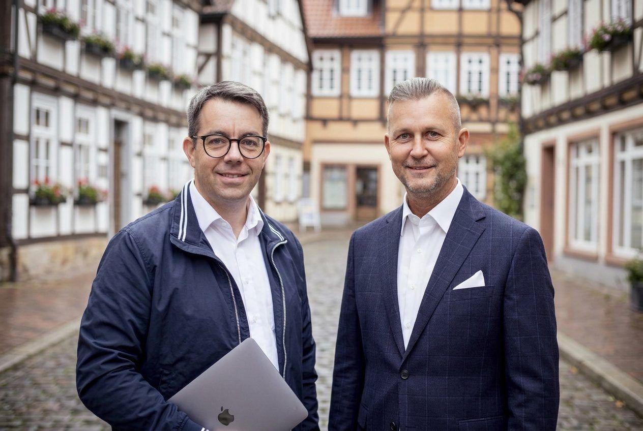 Benjamin Bricke und Henri Ehmke von City Immobilienmakler als Team vor Ort