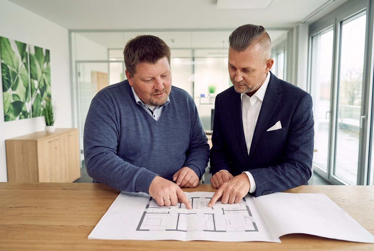 Henri Ehmke und Markus Meyer von City Immobilienmakler bei der Durchsicht der Unterlagen