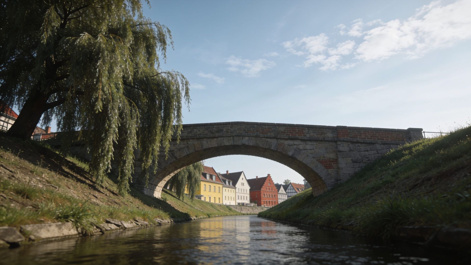 Flussarm mit steinerner Bogenbrücke