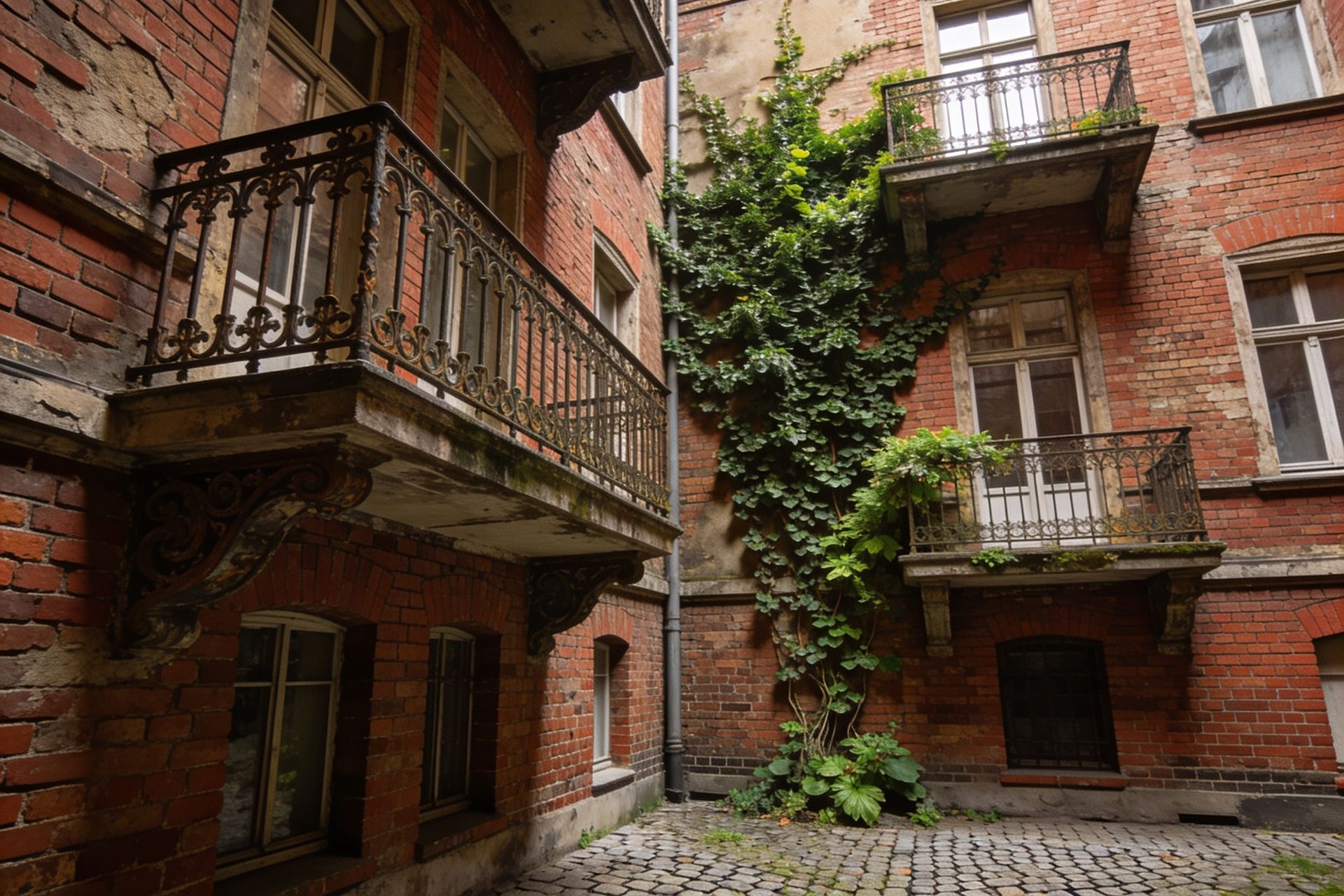 Begrünter Altbau-Hinterhof mit Klinkerfassaden