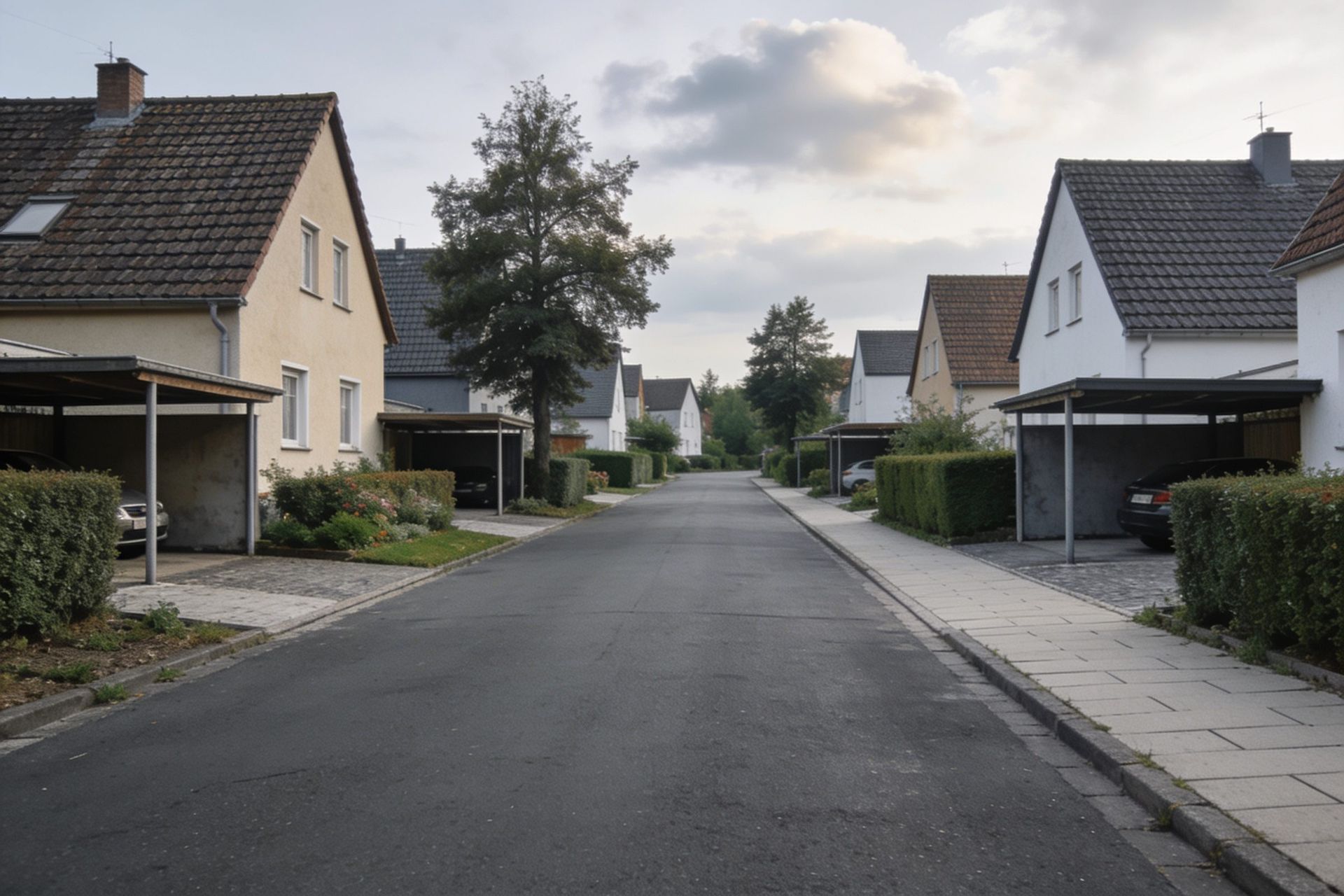 Einfamilienhaussiedlung mit Carports und Vorgärten