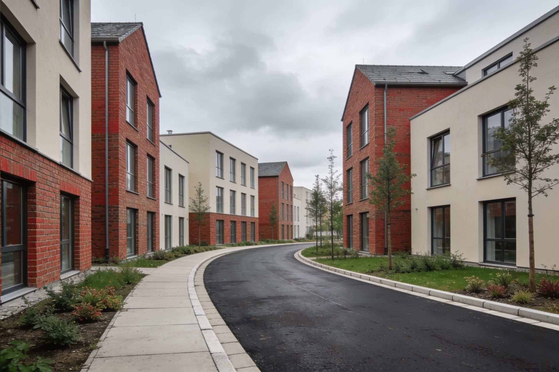 Neubauquartier mit bodentiefen Fenstern