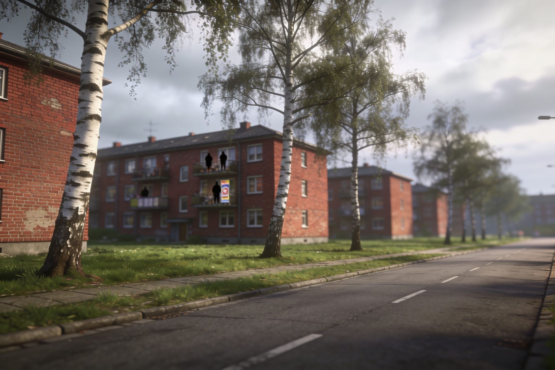 Boulevard mit Klinker-Wohnzeilen der Nachkriegszeit