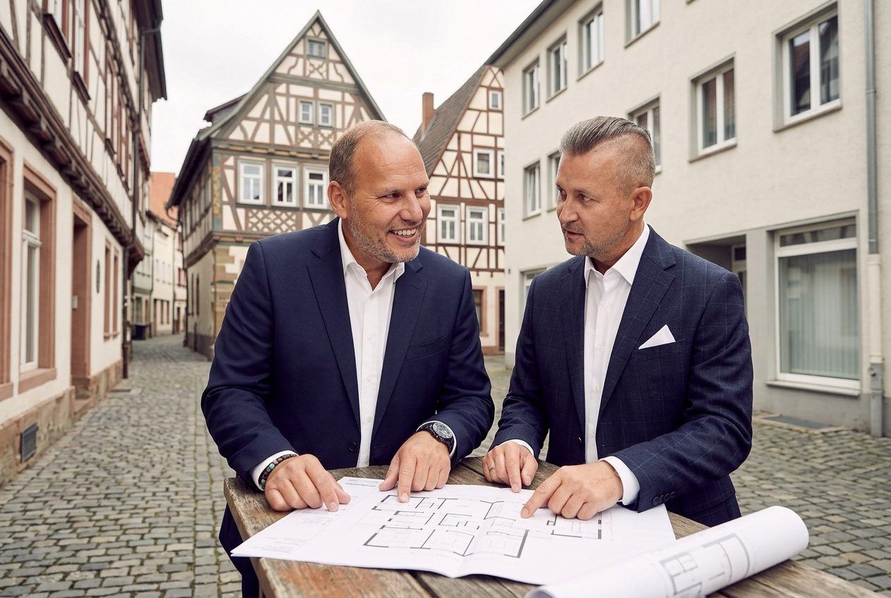 Oliver Martin und Henri Ehmke von City Immobilienmakler bei der Durchsicht der Unterlagen