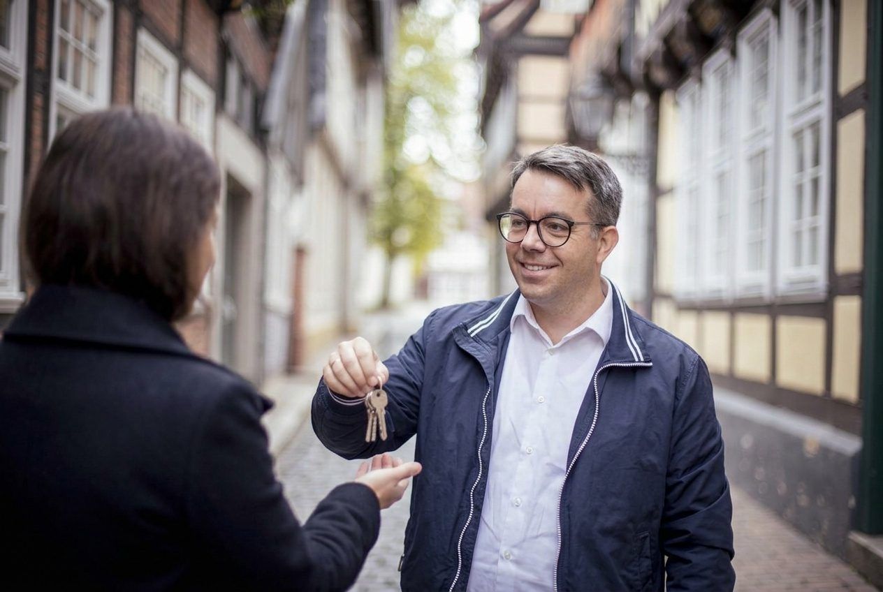 Benjamin Bricke von City Immobilienmakler bei der Übergabe an die Kundschaft