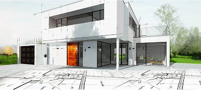 Modernes weißes Einfamilienhaus als Renderdarstellung über Bauplänen