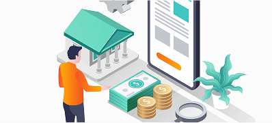 Illustration einer Person vor einem Bankgebäude mit Smartphone, Geld und Lupe