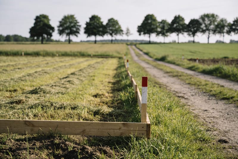 Grundstücksgrenze mit Vermessungspunkt