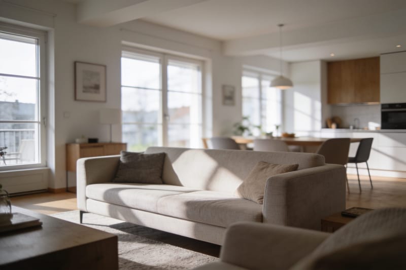 Aufgeräumter Wohnraum eines verkaufsbereiten Hauses