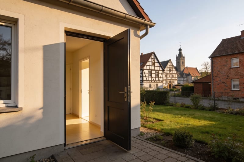 Einfamilienhaus mit Vorgarten von der Straße