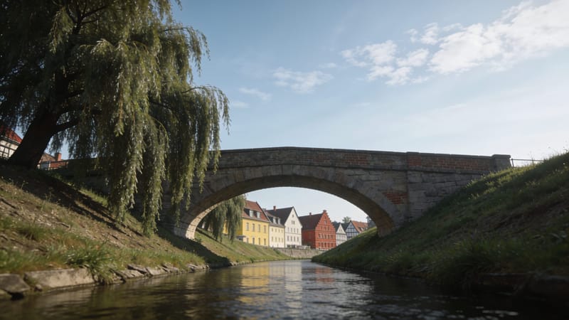 Flussarm mit steinerner Bogenbrücke