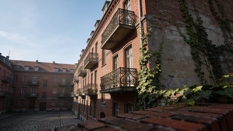 Begrünter Altbau-Hinterhof mit Klinkerfassaden