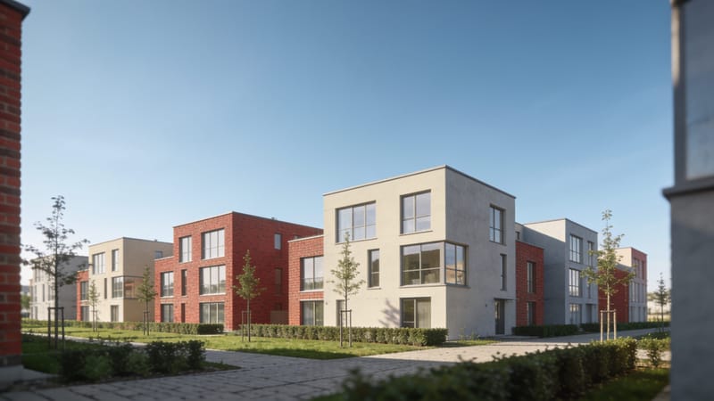 Neubauquartier mit bodentiefen Fenstern