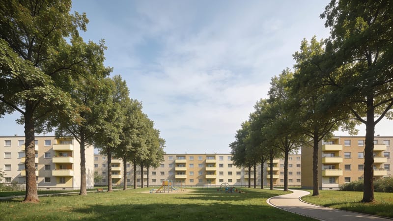 Grünachse mit Spielwiese und Baumreihen in Wolfsburg