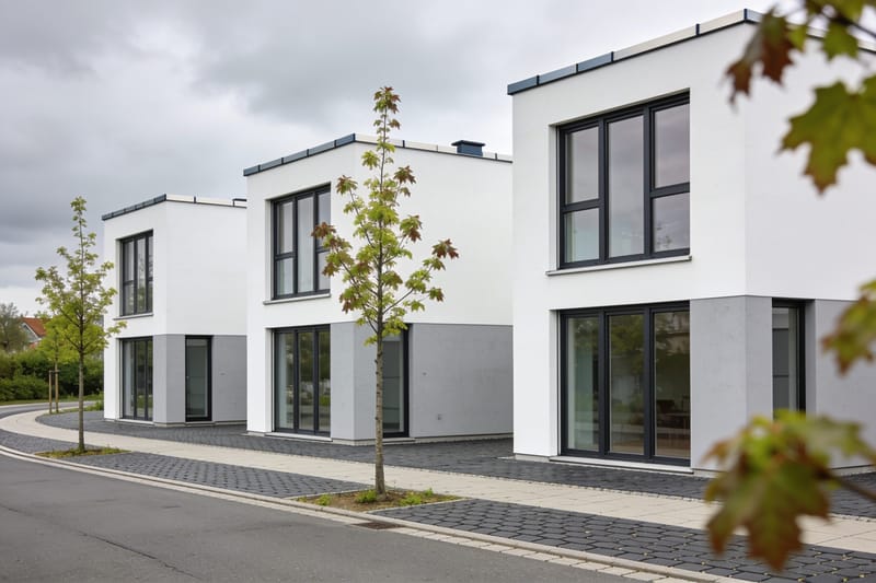 Stadtvilla-Siedlung mit bodentiefen Fenstern