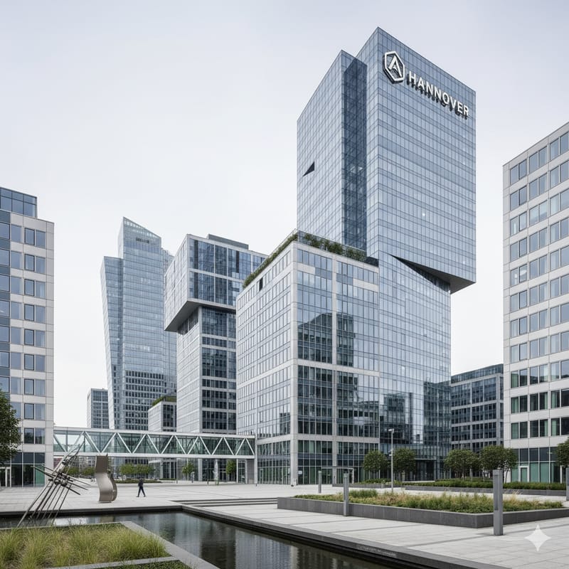 Moderne Bürotürme aus Glas, ein Turm trägt den Schriftzug 'Hannover'