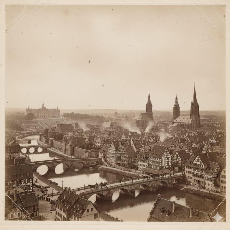 Historische Sepia-Aufnahme einer Flussstadt mit Brücken und Fachwerkhäusern