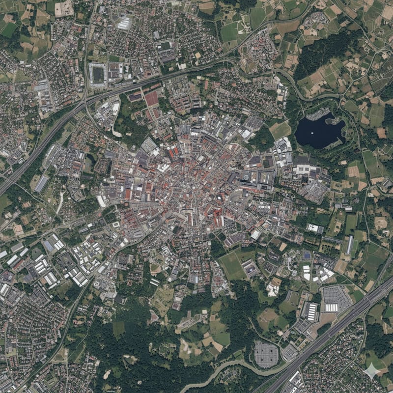Satellitenbild einer Stadt mit sternförmigem Straßennetz um ein Zentrum