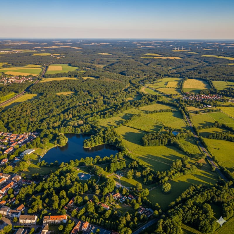 Luftaufnahme von Wald, Feldern und einem See bei Sonnenuntergang
