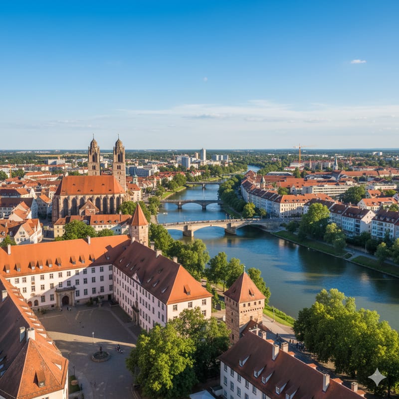 Luftaufnahme einer Altstadt an einem Fluss mit Kirchtürmen