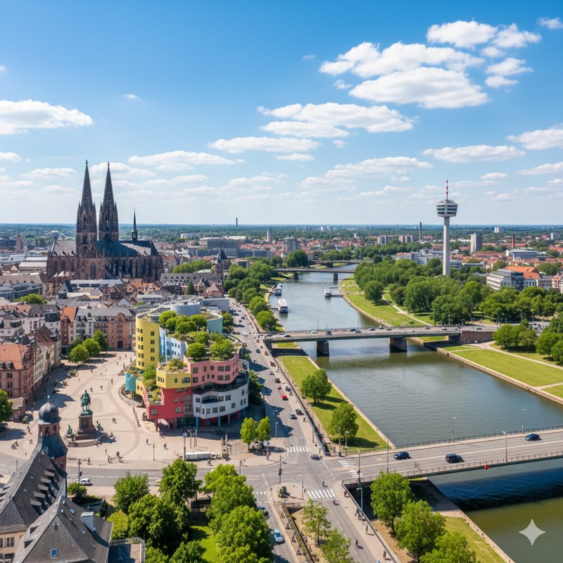 Luftaufnahme einer Flussstadt mit Dom, Fernsehturm und buntem Rundbau
