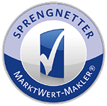 Rundes blaues Siegel „Sprengnetter MarktWert-Makler“ mit Häkchen-Symbol