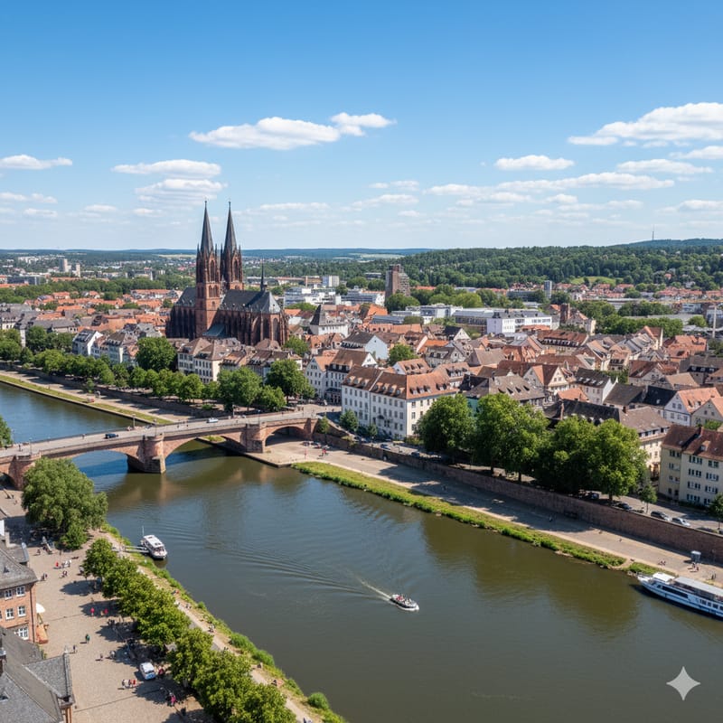 Luftaufnahme einer Flussstadt mit einer Kirche mit zwei Türmen und einer Brücke