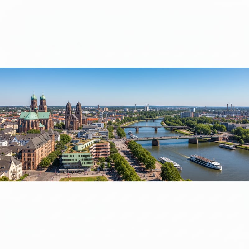 Luftaufnahme einer Stadt mit Fluss, Brücken, Ausflugsschiffen und einer Kirche mit zwei Türmen