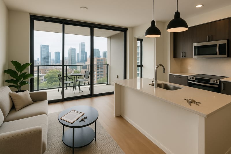 Wohnzimmer mit Kücheninsel, Balkon und Skyline-Blick, Schlüssel auf dem Tisch