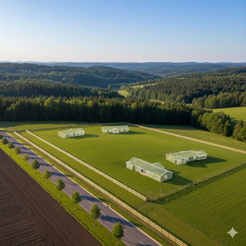 Luftaufnahme eines eingezäunten Grundstücks mit mehreren Häusern in grüner Hügellandschaft