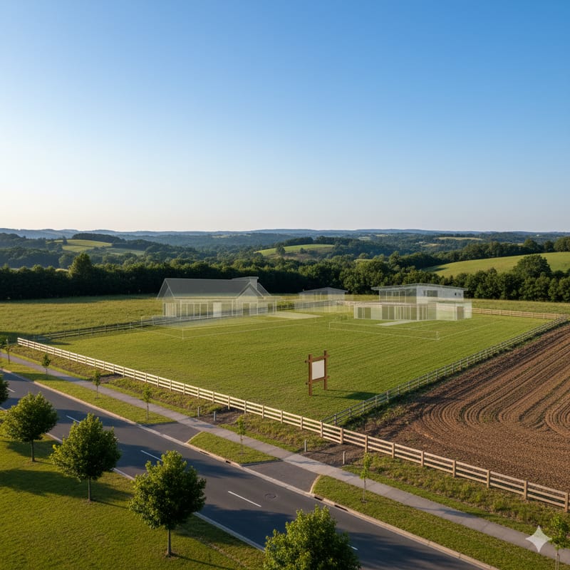 Luftaufnahme eines Grundstücks mit transparent eingezeichneten geplanten Gebäuden