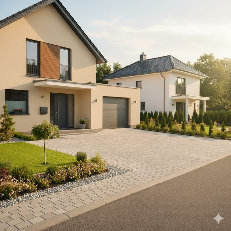 Zwei moderne Einfamilienhäuser mit gepflasterter Einfahrt und Garage