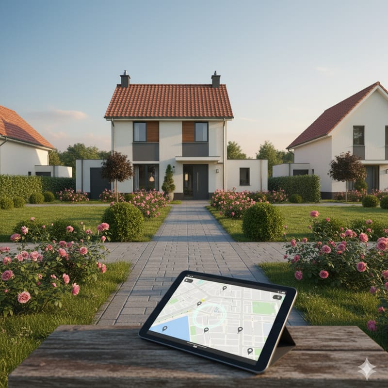 Tablet mit Kartenansicht und Standortmarkern vor einem Einfamilienhaus mit Rosenbeeten