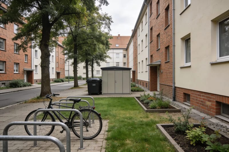 Weißes, kubistisch gestaltetes modernes Wohnhaus mit Flachdach und Kiefer davor