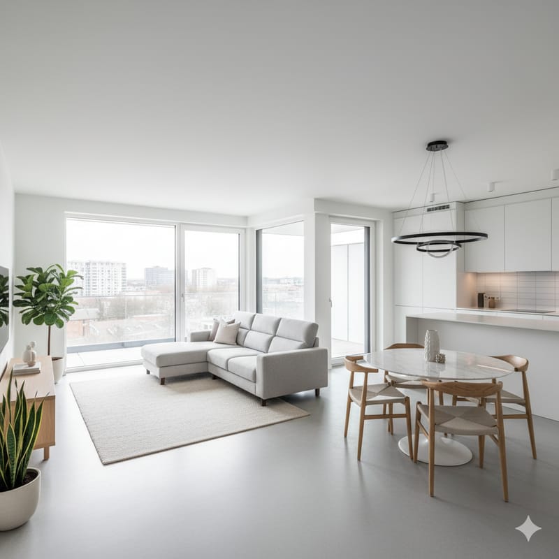 Minimalistisches Apartment mit Terrassentür und Blick auf Hochhaus-Skyline
