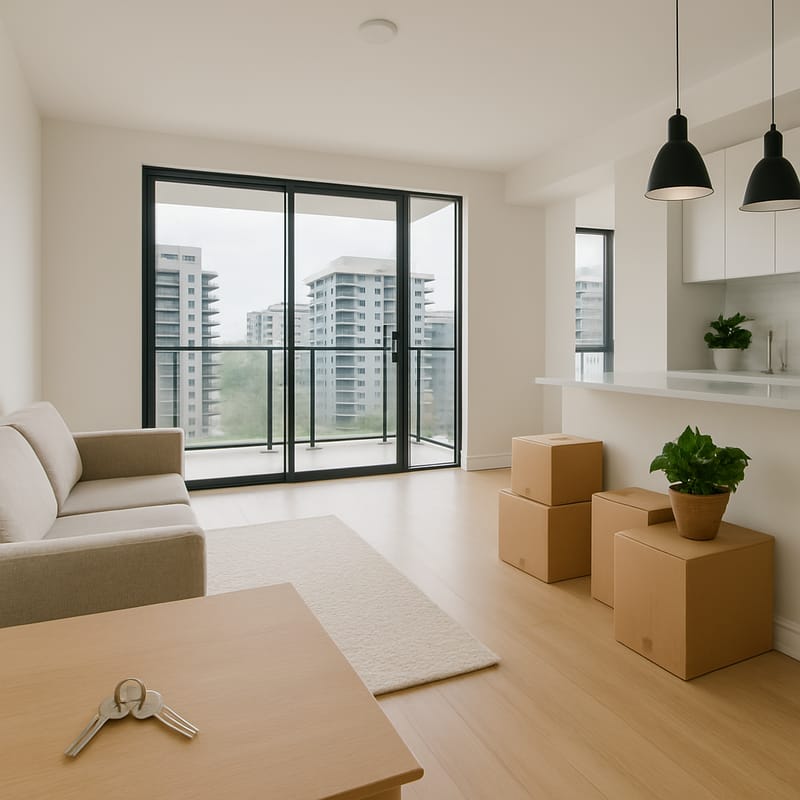 Wohnzimmer mit Umzugskartons und Blick auf Hochhaus-Wohntürme vom Balkon