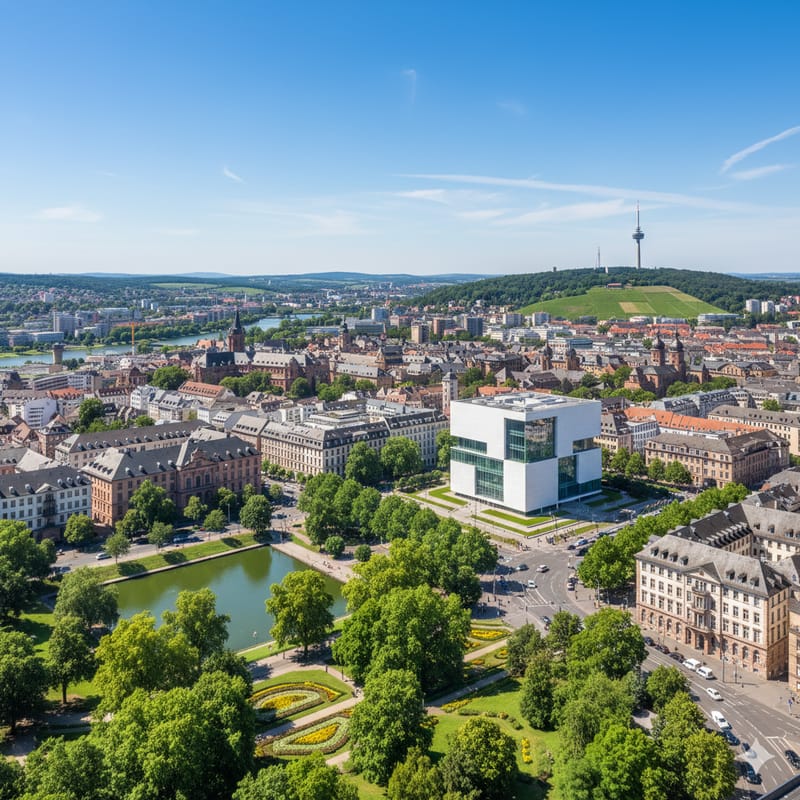Luftaufnahme einer Stadt mit Parkanlage, Teich, Altbauten und Fernsehturm auf bewaldetem Hügel