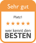 Auszeichnungs-Siegel "Sehr gut, Platz 1" von wer kennt den besten mit fünf Sternen