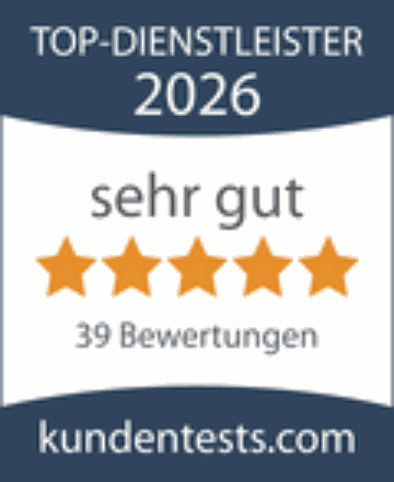 kundentests.com Siegel: TOP-DIENSTLEISTER 2026, sehr gut, 5 Sterne, 39 Bewertungen
