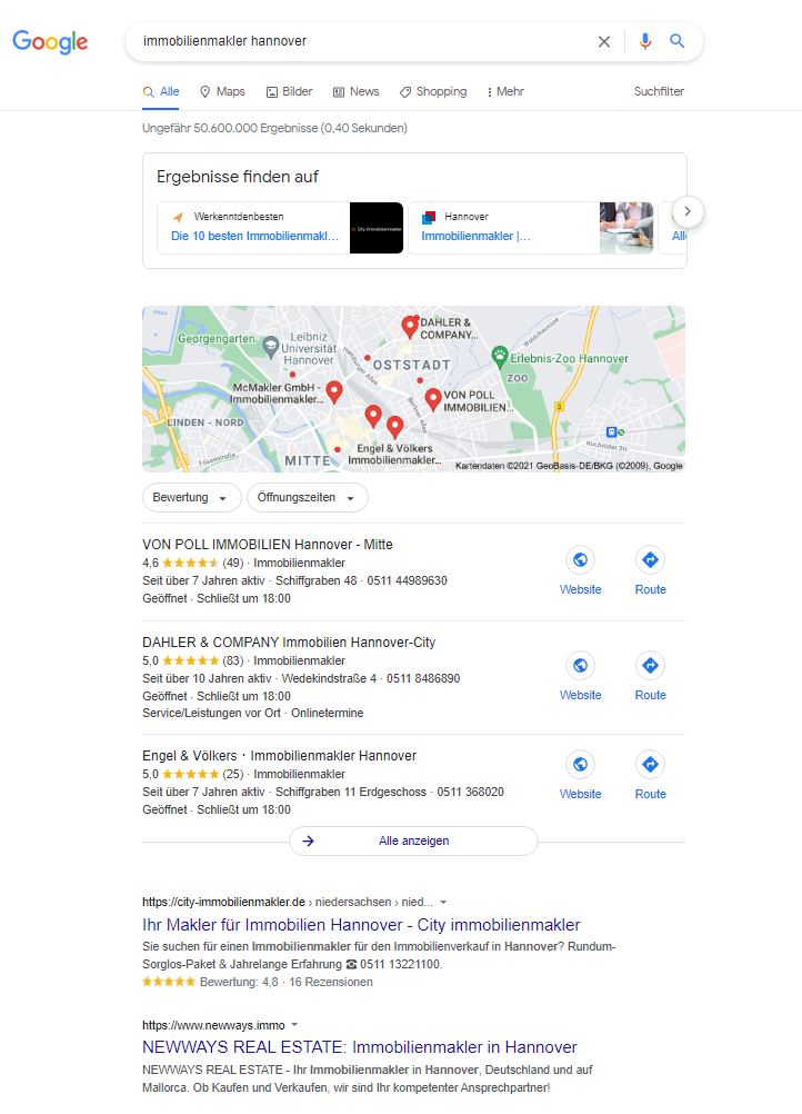 Platz 1 auf Google 08 2021 Immobilienmakler Hannover